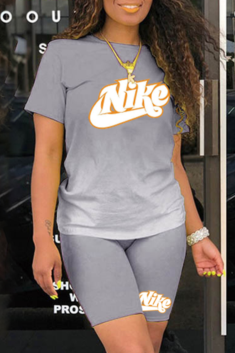 

Grey Fashion Casual Gradual Change Print Letter O Neck Short Sleeve Two Pieces