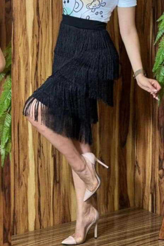 Black Casual Solid Tassel Patchwork High Waist Straight Solid Color Bottoms