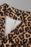 Calças de cardigan com estampa de leopardo moda casual estampa de cardigan gola plus size duas peças