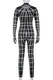 Zwarte mode casual print patchwork coltrui skinny jumpsuits