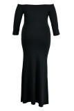 Zwarte mode casual plus size effen rugloze off-shoulder lange jurk