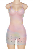 Farbe Mode Sexy Print Ausgehöhltes Rückenfreies Hot Drill Spaghetti Strap Ärmelloses Kleid