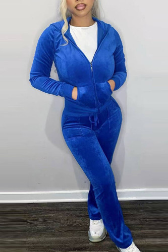 Blue Casual Solid Patchwork Zipper Hooded Collar Long Sleeve Two Pieces