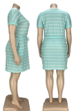グリーン ファッション プリント ドローストリング 文字 O ネック ストレート プラスサイズ ドレス