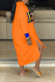 オレンジ カジュアル プリント パッチワーク ターンダウン カラー シャツ ドレス ドレス