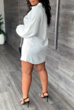 ホワイト カジュアル ソリッド パッチワーク ベルト付き Vネック ストレート ドレス