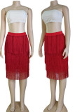 Pantalones de color sólido rectos de cintura alta con retazos de borlas sólidas informales rojas
