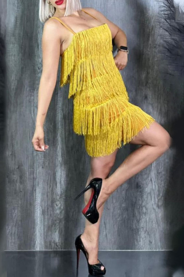 イエロー セクシー ソリッド タッセル パッチワーク スパゲッティ ストラップ ストレート ドレス