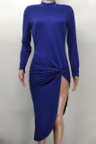 ロイヤル ブルー セクシー ソリッド パッチワーク フォールド 非対称 O ネック ワンステップ スカート ドレス