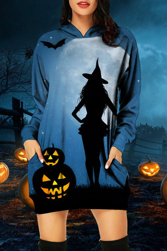 Blue Black Halloween Casual Pumpkin Print Hooded Collar Long Sleeve Sweatshirt Mini Dresses