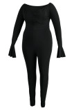 Black Sexy Solid Patchwork V Neck Plus Size Jumpsuits