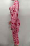 Roze Casual Print Patchwork Fold Rits Kraag Kokerrok Plus Size Jurken