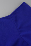 Robes élégantes solides patchwork pli col asymétrique une étape jupe bleu