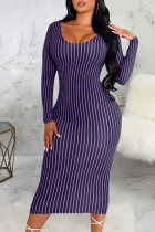 Темно-фиолетовые сексуальные полосатые лоскутные платья с круглым вырезом и юбкой в ​​один шаг