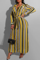 Estampado a rayas casual de moda amarillo con cinturón cuello vuelto manga larga vestidos de talla grande