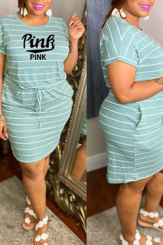 Green Fashion Print Draw String Letter O Neck Straight Plus Size Dresses