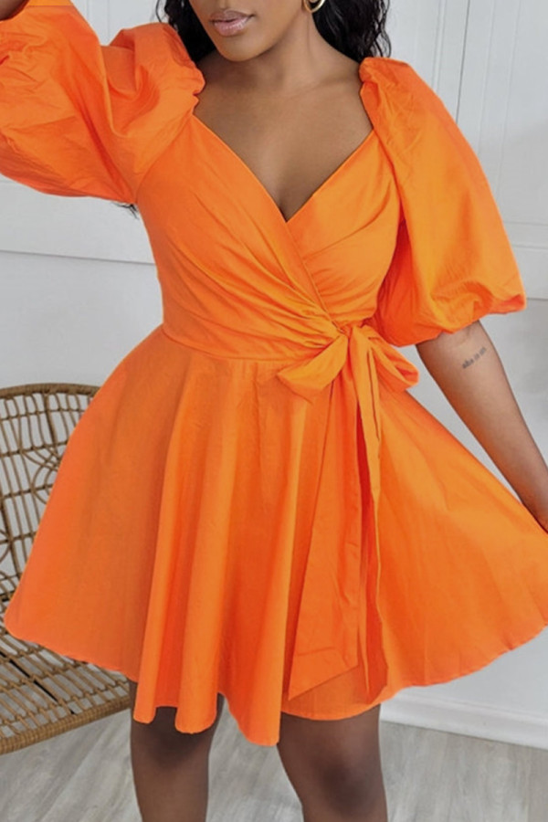 オレンジ ファッション カジュアル 無地 包帯 パッチワーク Vネック Aライン ドレス