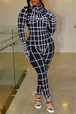 Macacão skinny preto moda casual estampa patchwork gola alta