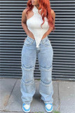 Blue Fashion Casual Solid Patchwork High Waist Straight Denim Jeans