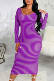 Темно-фиолетовые сексуальные полосатые лоскутные платья с круглым вырезом и юбкой в ​​один шаг