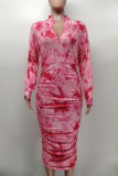 ピンク カジュアル プリント パッチワーク フォールド ジッパー カラー ペンシル スカート プラス サイズのドレス
