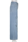 Jeans de mezclilla rectos de cintura alta de patchwork sólido casual de moda azul