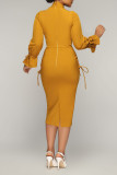 Желтые элегантные однотонные платья-юбки в стиле пэчворк с уздечкой и V-образным вырезом