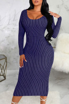 Темно-синее сексуальное полосатое платье с лоскутным принтом и круглым вырезом, одноступенчатое платье-юбка