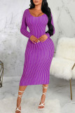 Dark Purple Sexy Striped Print Patchwork O Neck One Step Skirt Dresses