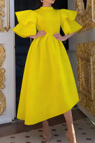 イエローファッションフォーマルソリッドパッチワークハーフタートルネックイブニングドレス