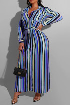 Blauwe Mode Casual Gestreepte Print Met Riem Kraag Lange Mouw Plus Size Jurken