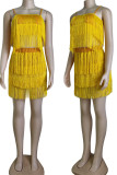 Gele sexy effen kwastjes patchwork spaghettibandjes rechte jurken