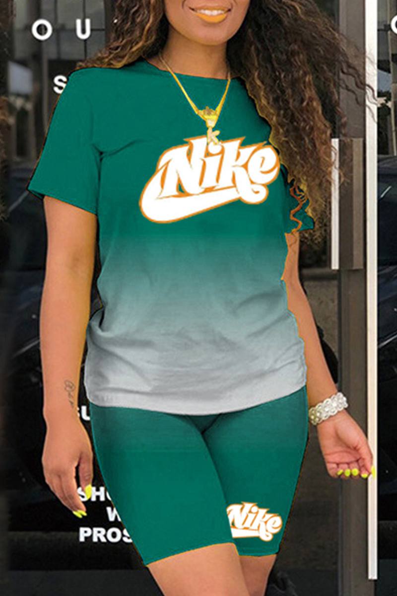 

Green Fashion Casual Gradual Change Print Letter O Neck Short Sleeve Two Pieces