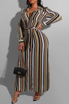コーヒー ファッション カジュアル ストライプ プリント ベルト付き ターンダウン カラー ロング スリーブ プラス サイズ ドレス