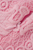 Vestidos de manga larga con cuello en O transparentes de patchwork sólido casual de moda rosa