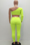 Fluoreszierendes Grün, sexy Sportswear-Print, Patchwork, schräger Kragen, Langarm, zweiteilig