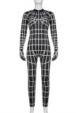 ブラック ファッション カジュアル プリント パッチワーク タートルネック スキニー ジャンプスーツ
