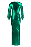 Grönt Mode Sexig Solid Slit Vik V-hals Långärmad aftonklänning
