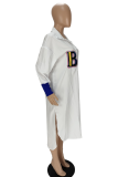 Robe chemise à col rabattu en patchwork imprimé décontracté blanc Robes