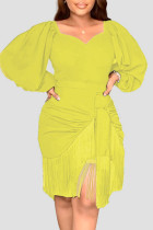 Vestidos retos assimétricos amarelos casuais com borla patchwork assimétrico decote em V