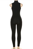 Zwarte mode sexy effen patchwork doorschijnende coltrui skinny jumpsuits