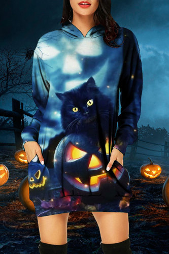 Blue Halloween Casual Pumpkin Print Hooded Collar Long Sleeve Sweatshirt Mini Dresses
