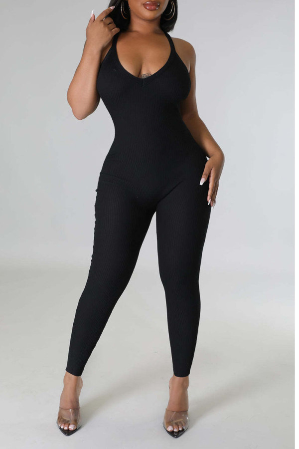 Zwarte sexy effen patchwork skinny jumpsuits met spaghettibandjes