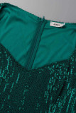 Grön Elegant solid tofs paljetter Patchwork Kvadratklänning med fyrkantig krage Plus Size Klänningar