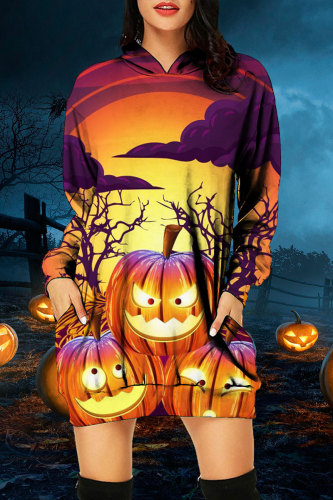Orange Halloween Casual Pumpkin Print Hooded Collar Long Sleeve Sweatshirt Mini Dresses