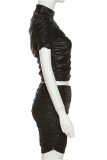 ブラック ファッション カジュアル ソリッド フォールド ハーフ A タートルネック 半袖 ツーピース