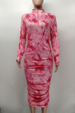 Roze Casual Print Patchwork Fold Rits Kraag Kokerrok Plus Size Jurken