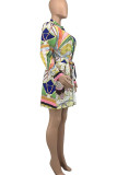 Colour Fashion Casual Print Patchwork Buckle Turndown Collar Princess Dresses
