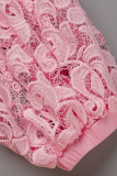 Vestidos de manga larga con cuello en O transparentes de patchwork sólido casual de moda rosa