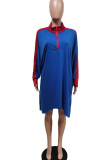 ロイヤル ブルー カジュアル ソリッド パッチワーク ジッパー カラー ロング スリーブ ドレス